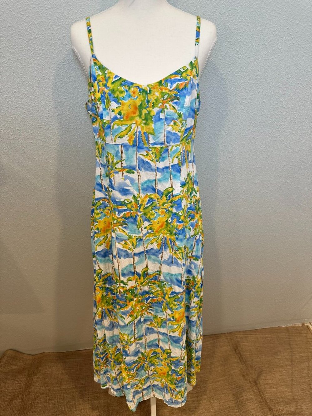 VINTAGE Jams World "Coco Palm" Rayon Sundress Medium Tropical Blue Dress